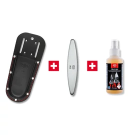 Metszőolló PRÉMIUM tartozék csomag: FELCO 910 Black bőr metszőolló tok + FELCO 903 gyémánt bevonatú fenőacél + FELCO 981 tisztító spray