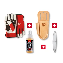Metszőolló EXTRA tartozék csomag: FELCO 702 kerti kesztyű + FELCO 910+ bőr metszőolló tok + FELCO 981 tisztító spray + FELCO 903 gyémánt bevonatú fenőacél