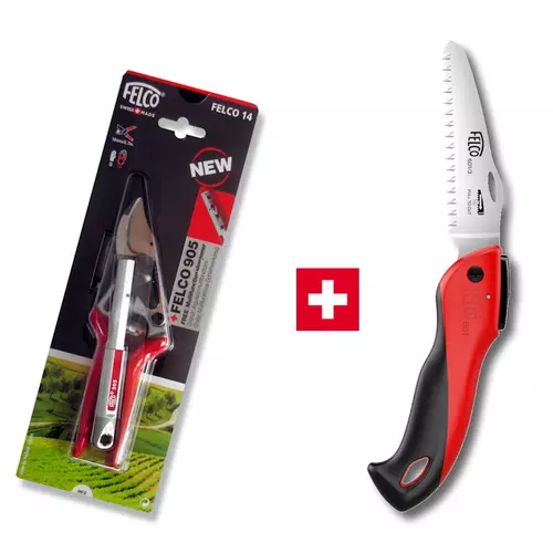 FELCO 14 metszőolló (jobbkezes, kis méret) + FELCO 905 többfunkciós élező szerszám + FELCO 601 összecsukható ágfűrész (12 cm-es pengehossz)